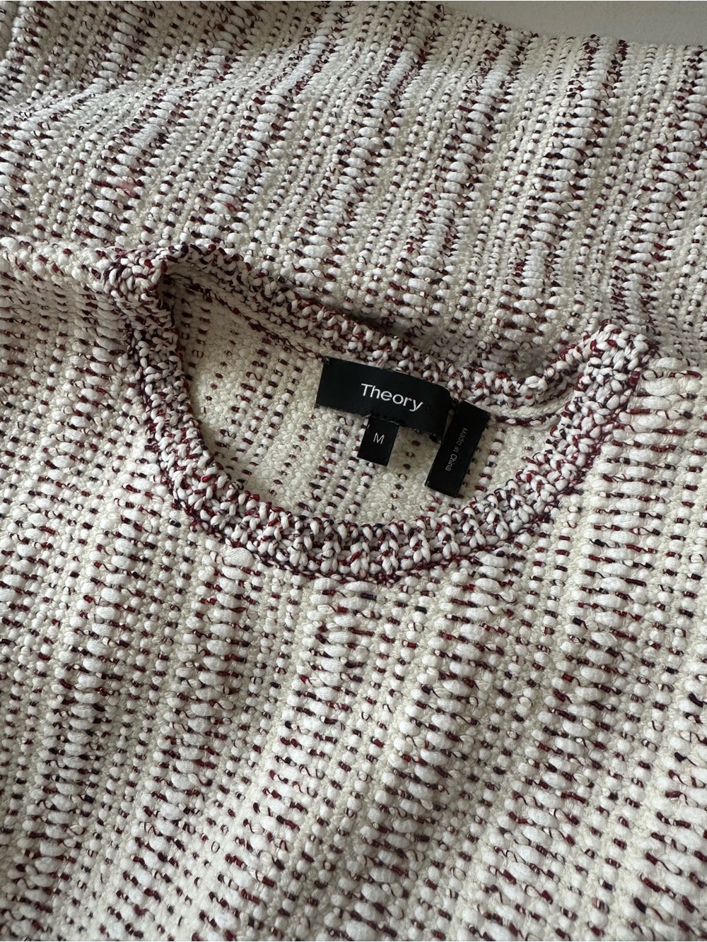 Theory Cream and Burgundy Boucle Crewneck Sweater